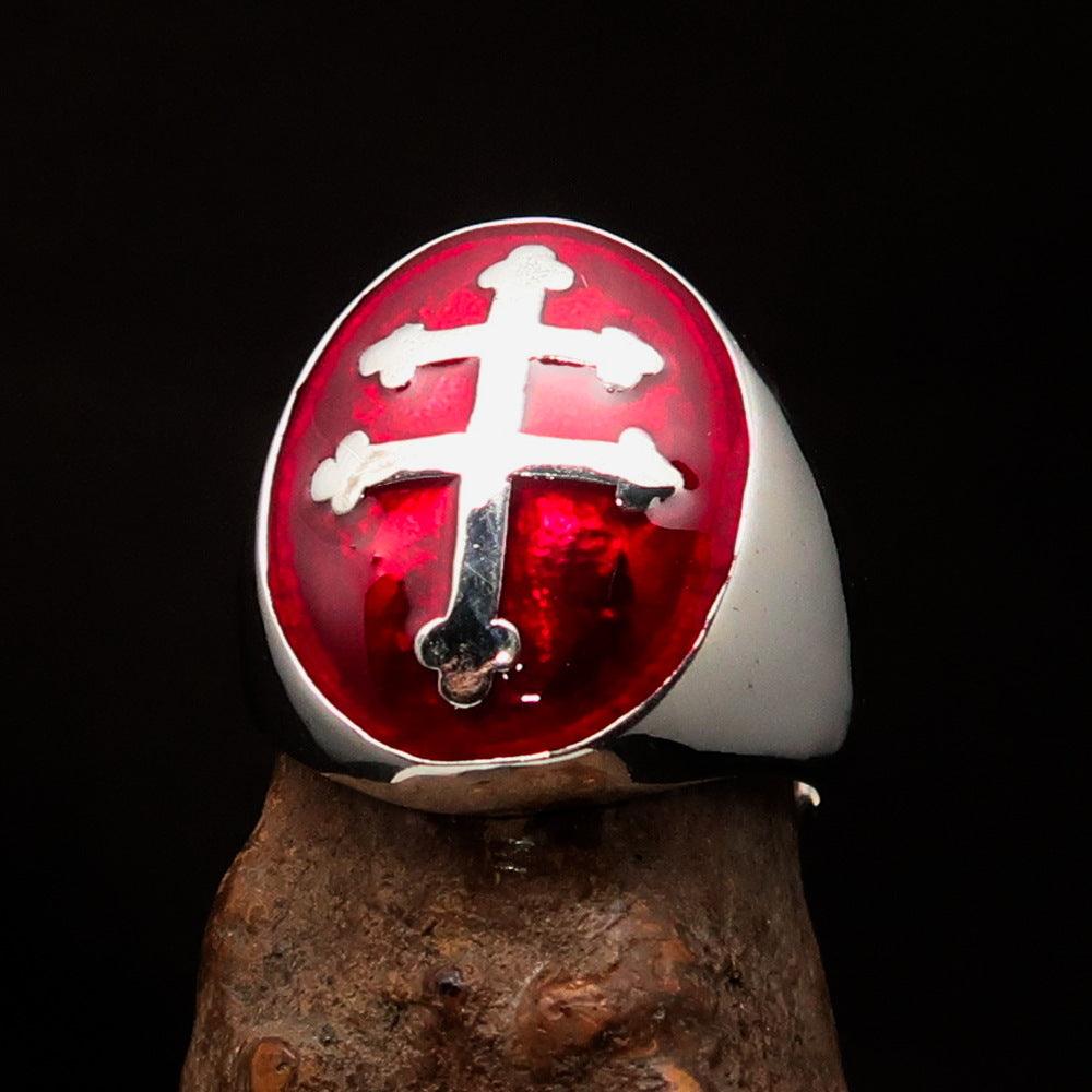 Men's Red Cross Lorraine Ring made of solid sterling silver with a high polished finish and red enamel design, showcasing its elegant craftsmanship.