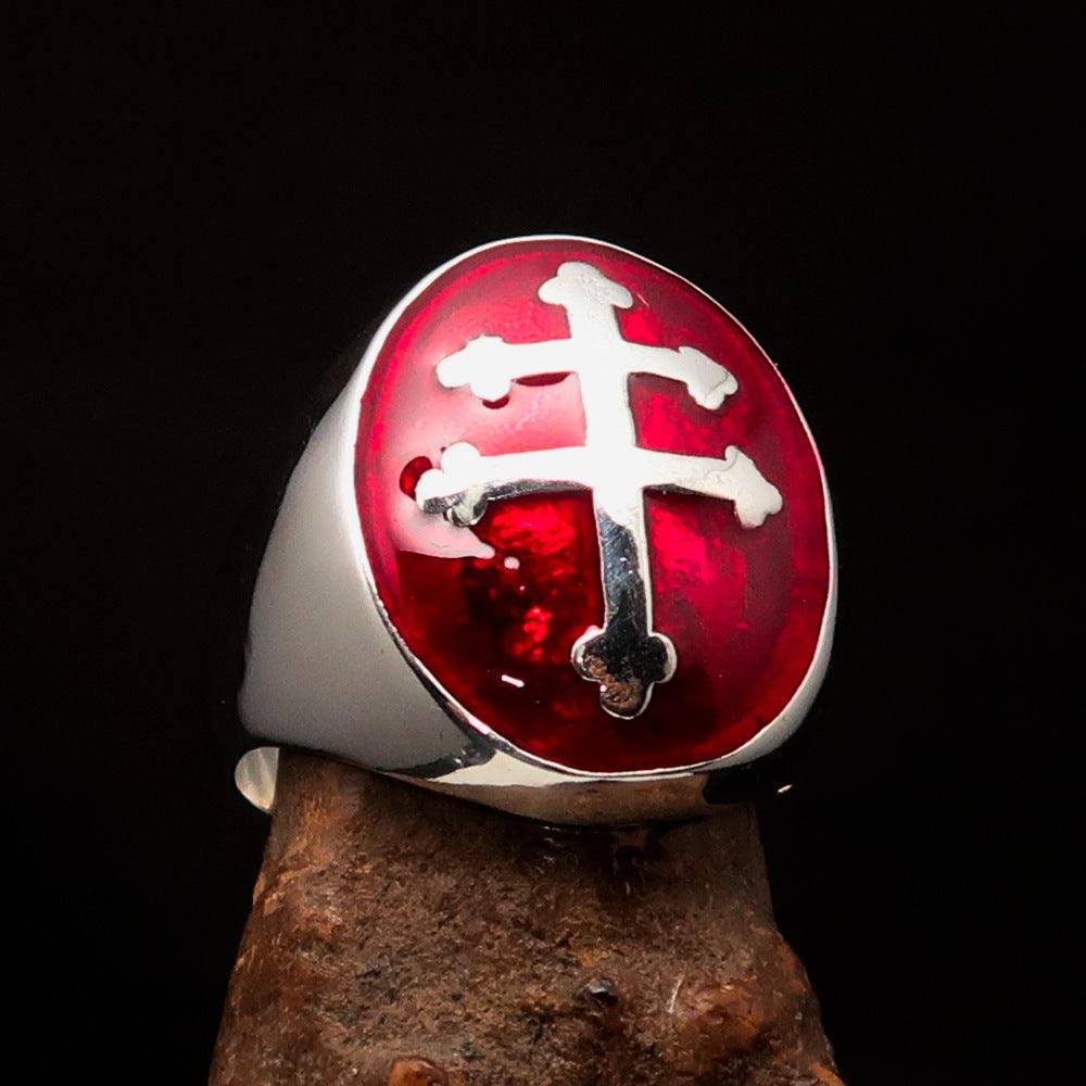 Men's Red Cross Lorraine Ring made of solid sterling silver with a high polished finish and red enamel design, showcasing its elegant craftsmanship.