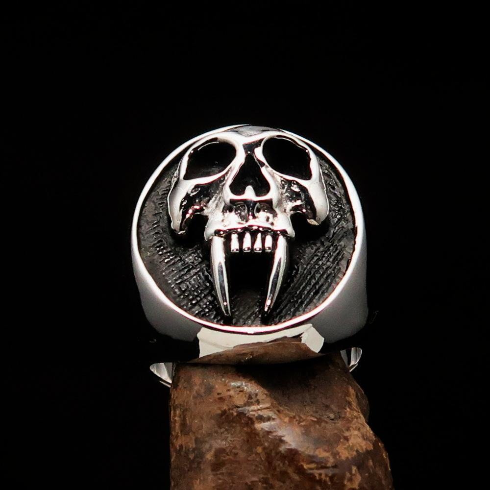 Men's antiqued Vampire Skull Ring made of solid sterling silver, featuring a unique skull design with an antiqued finish.