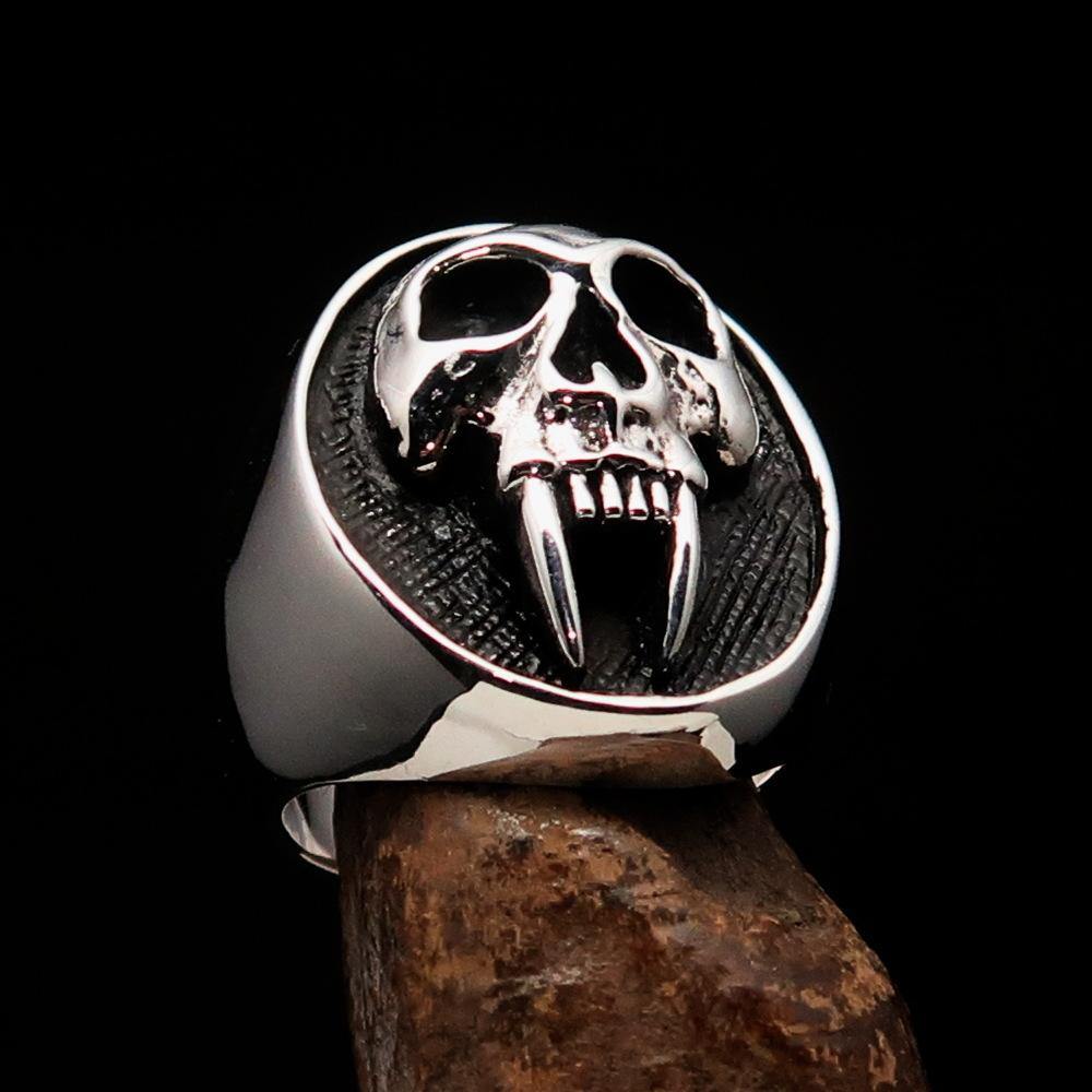 Men's antiqued Vampire Skull Ring made of solid sterling silver, featuring a unique skull design with an antiqued finish.