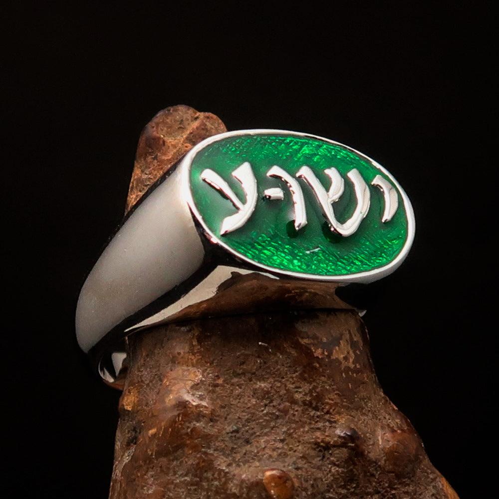 Oval Men's Ring featuring Jesus in Hebrew, crafted from sterling silver with a high polished finish and green enamel.