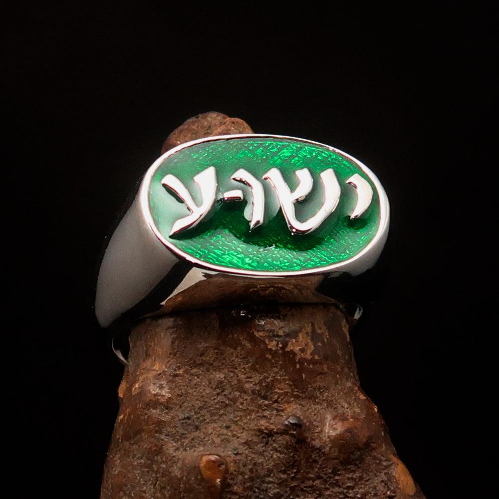 Oval Men's Ring featuring Jesus in Hebrew, crafted from sterling silver with a high polished finish and green enamel.