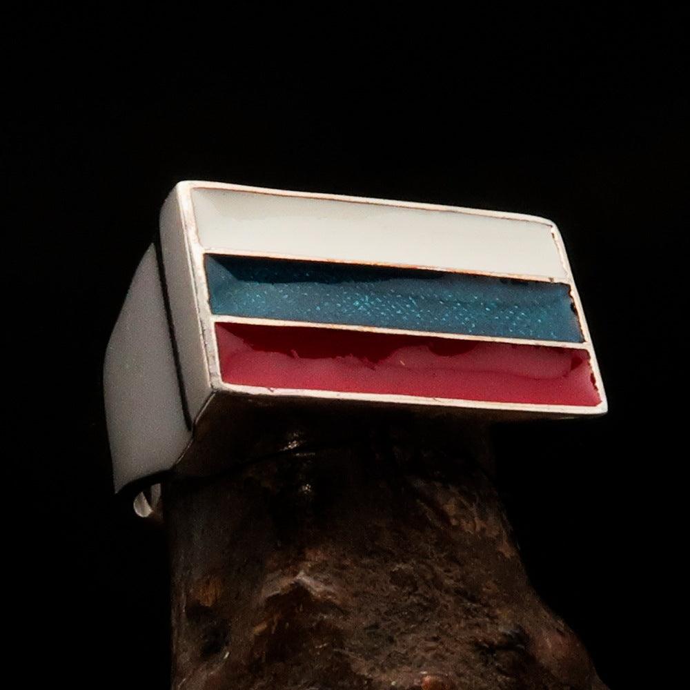 Men's Russian Flag Ring made of solid sterling silver with high polish and vibrant enamel, showcasing a rectangle shape.