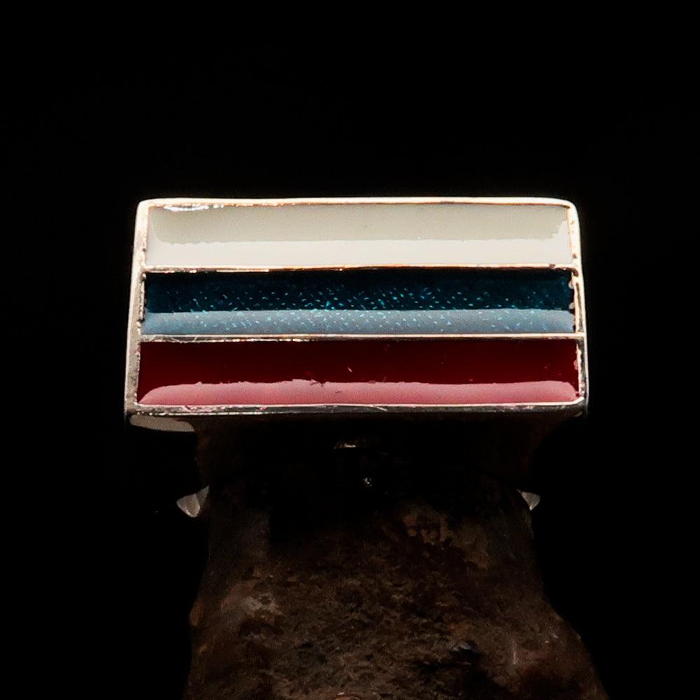 Men's Russian Flag Ring made of solid sterling silver with high polish and vibrant enamel, showcasing a rectangle shape.