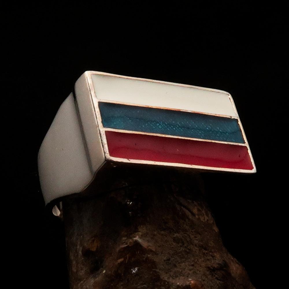 Men's Russian Flag Ring made of solid sterling silver with high polish and vibrant enamel, showcasing a rectangle shape.