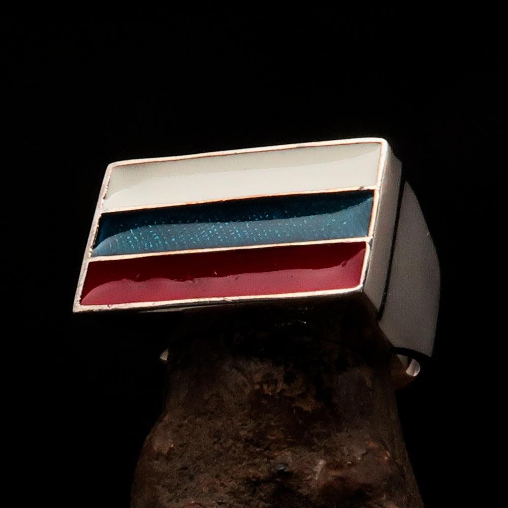 Men's Russian Flag Ring made of solid sterling silver with high polish and vibrant enamel, showcasing a rectangle shape.