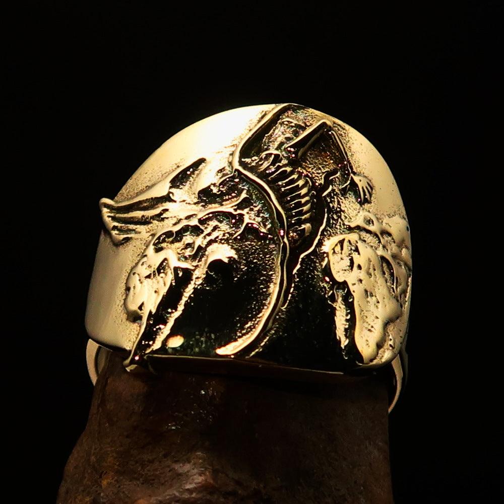 Men's Birth of Death Skeleton Pinky Ring made of solid brass with a high polished finish, featuring intricate skeleton design.