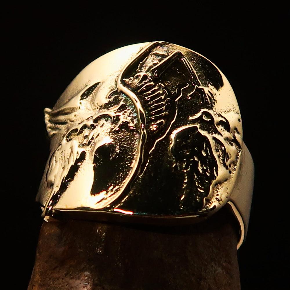 Men's Birth of Death Skeleton Pinky Ring made of solid brass with a high polished finish, featuring intricate skeleton design.