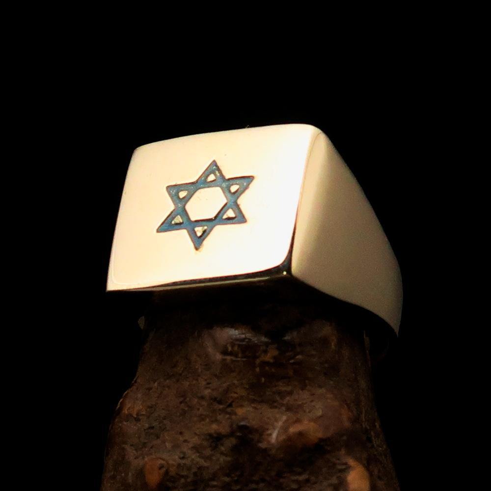 Solid brass men's ring featuring a blue Star of David with high polish and engraved RCRN logo.