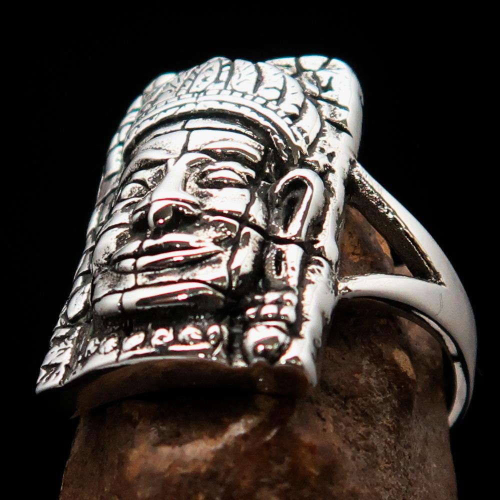 A beautifully crafted Sterling Silver Buddha Men's Ring featuring intricate details and a high polished antiqued finish, hallmarked 925.