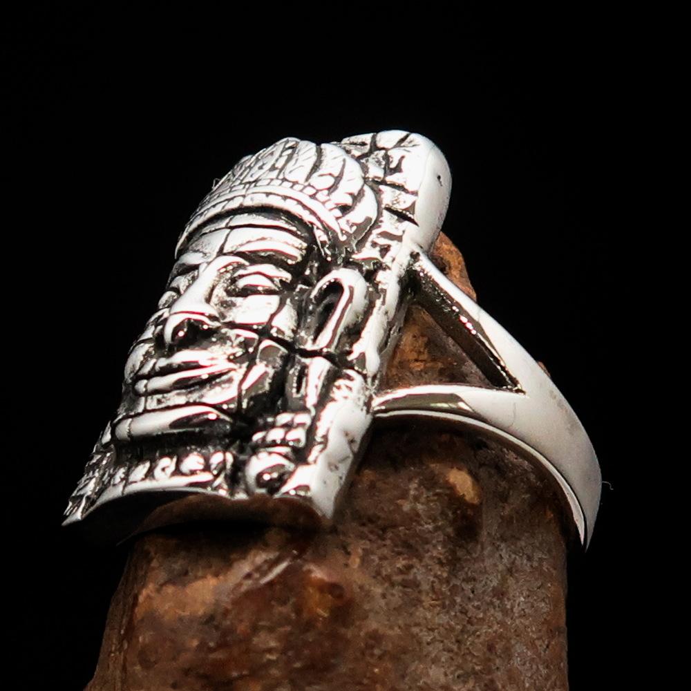 A beautifully crafted Sterling Silver Buddha Men's Ring featuring intricate details and a high polished antiqued finish, hallmarked 925.