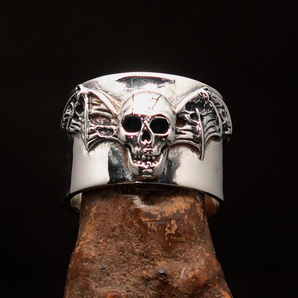 Excellent Crafted Winged Bat Skull Ring in antiqued Sterling Silver, showcasing intricate bat skull and wing details.