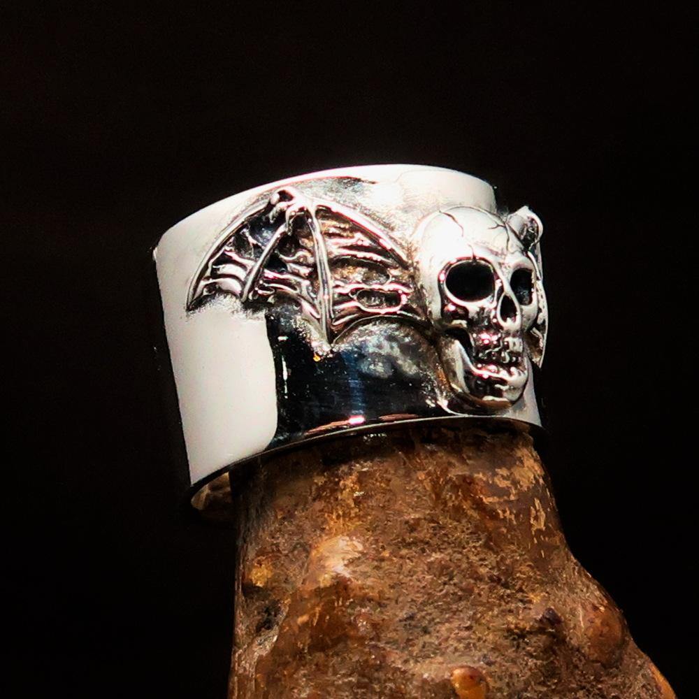 Excellent Crafted Winged Bat Skull Ring in antiqued Sterling Silver, showcasing intricate bat skull and wing details.