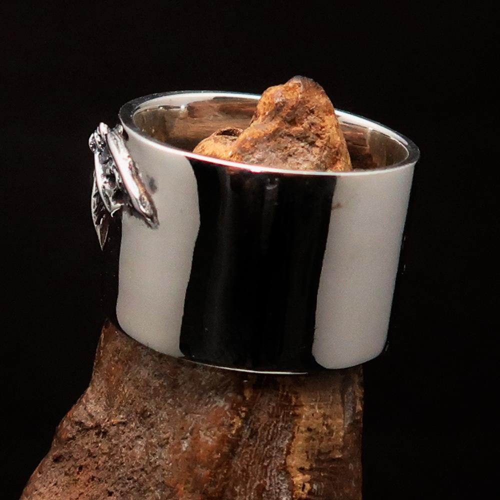 Excellent Crafted Winged Bat Skull Ring in antiqued Sterling Silver, showcasing intricate bat skull and wing details.