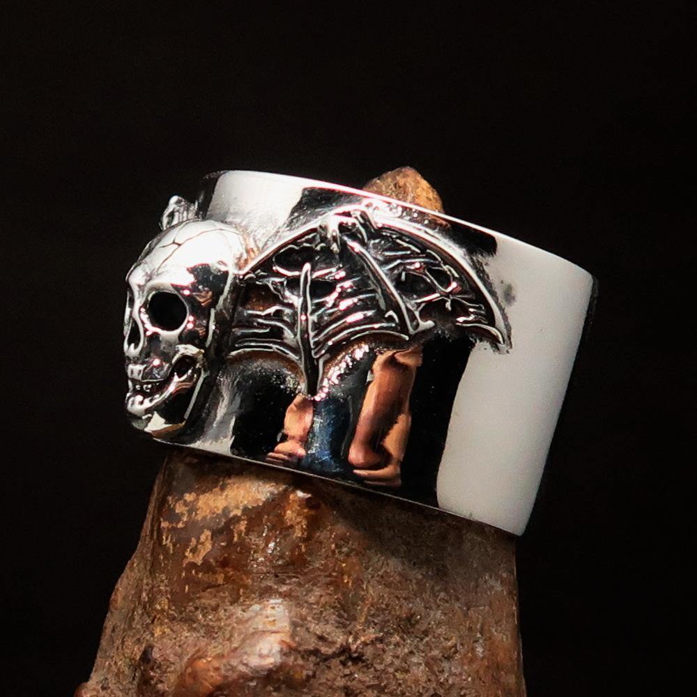 Excellent Crafted Winged Bat Skull Ring in antiqued Sterling Silver, showcasing intricate bat skull and wing details.