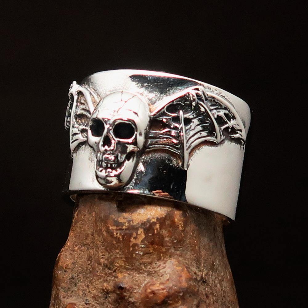 Excellent Crafted Winged Bat Skull Ring in antiqued Sterling Silver, showcasing intricate bat skull and wing details.