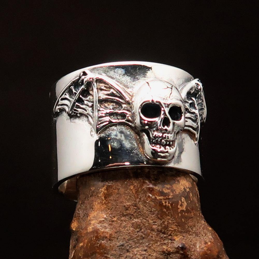 Excellent Crafted Winged Bat Skull Ring in antiqued Sterling Silver, showcasing intricate bat skull and wing details.