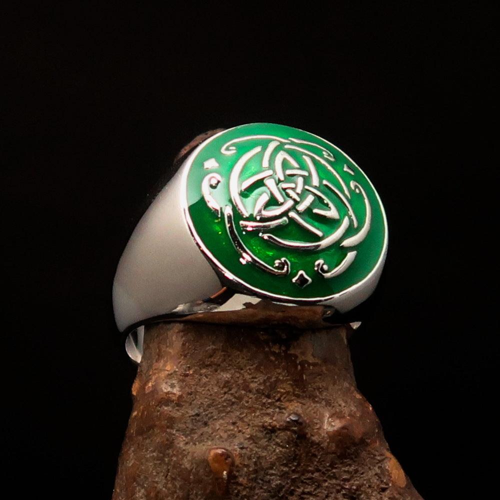 Men's sterling silver ring featuring a green Celtic Triquetra Knot design with high polish and enamel finish.