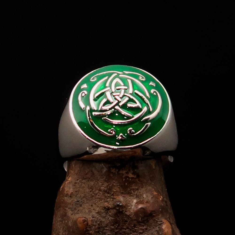 Men's sterling silver ring featuring a green Celtic Triquetra Knot design with high polish and enamel finish.