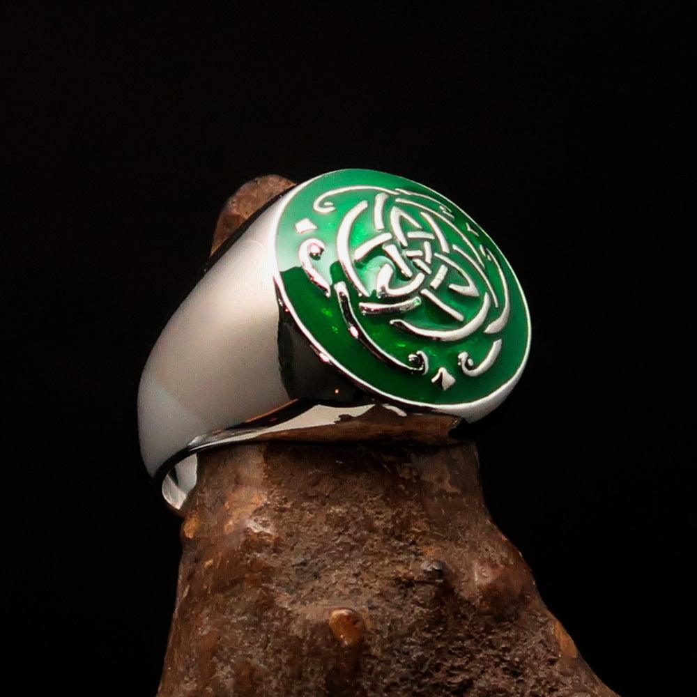 Men's sterling silver ring featuring a green Celtic Triquetra Knot design with high polish and enamel finish.