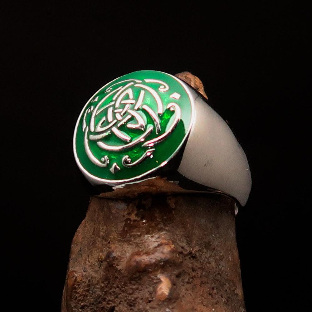 Men's sterling silver ring featuring a green Celtic Triquetra Knot design with high polish and enamel finish.