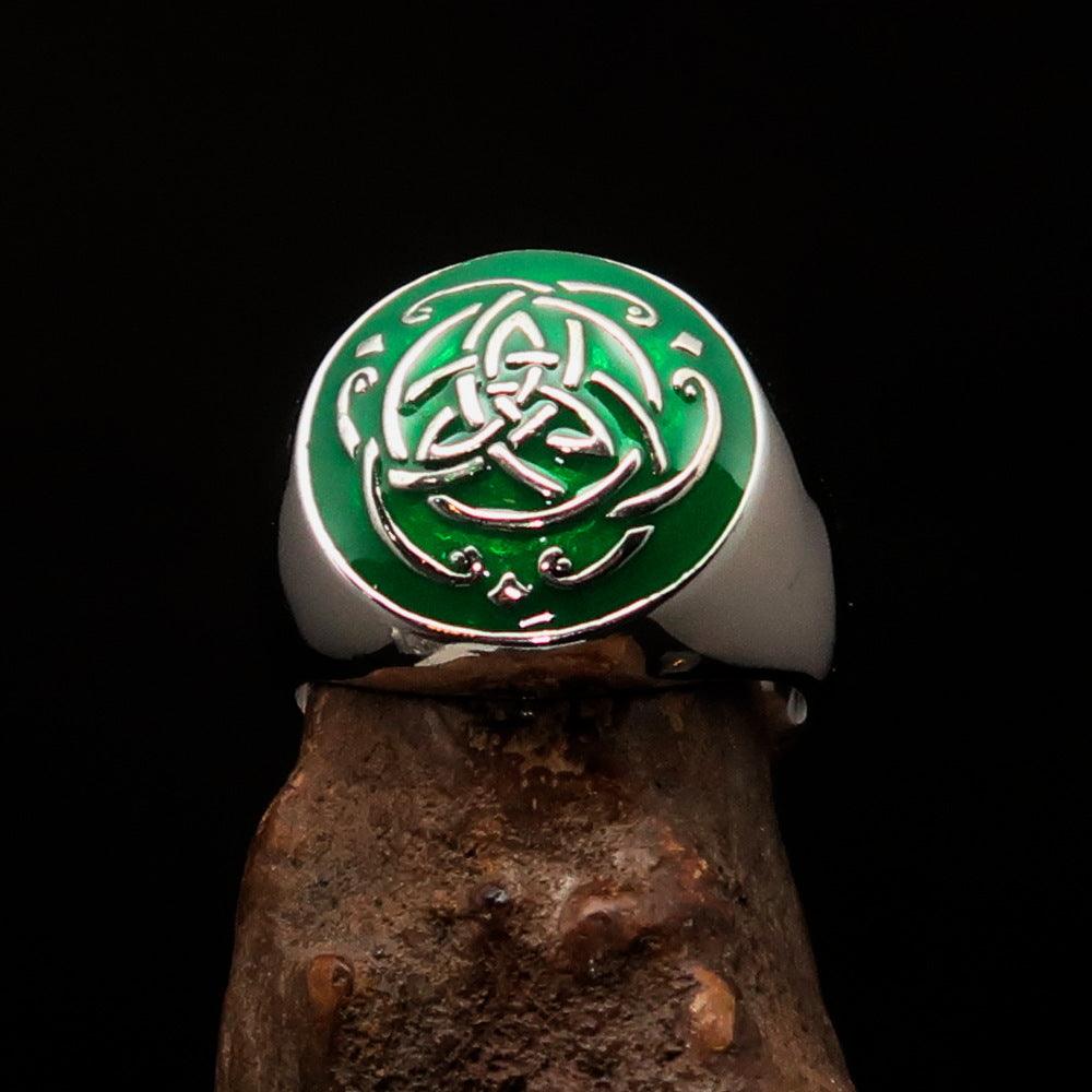 Men's sterling silver ring featuring a green Celtic Triquetra Knot design with high polish and enamel finish.