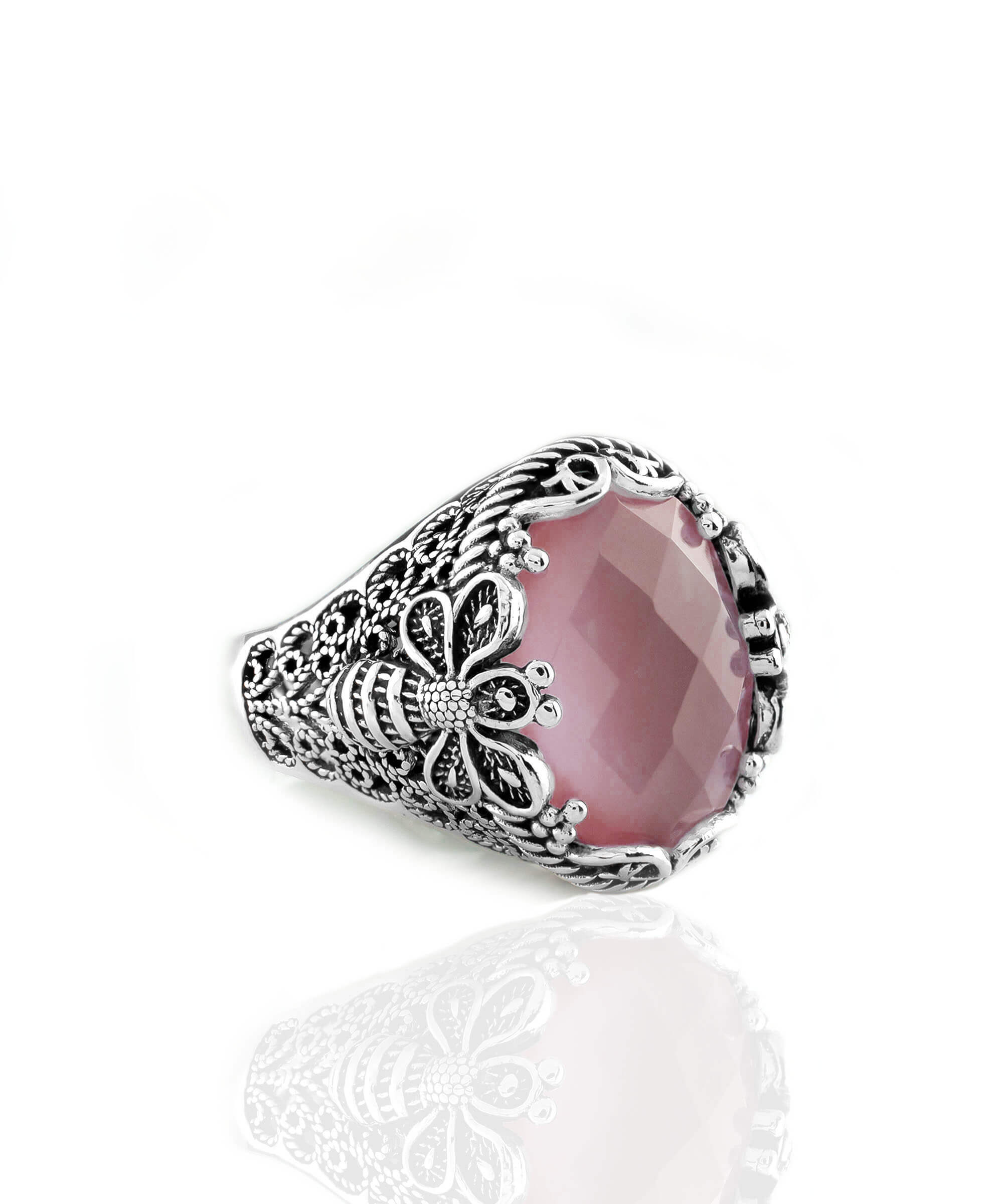 Elegant 925 sterling silver ring featuring a pink chalcedony gemstone with intricate filigree art bee detailing.