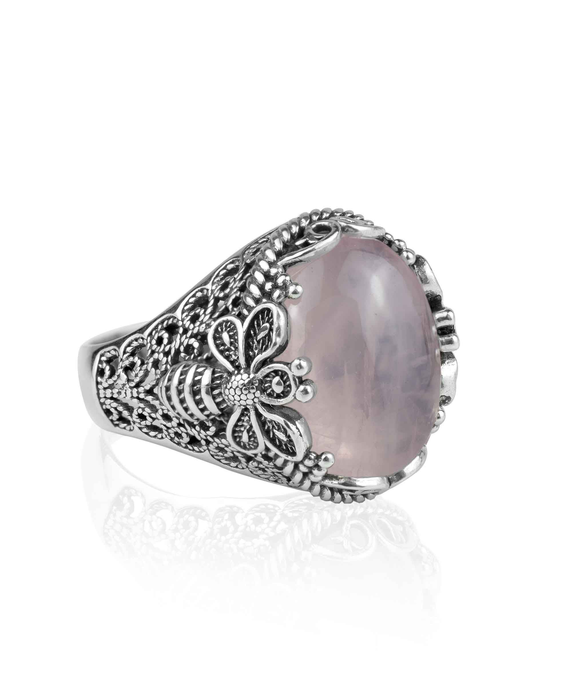 Elegant 925 Sterling Silver ring featuring a detailed filigree art bee design and a natural rose quartz gemstone.