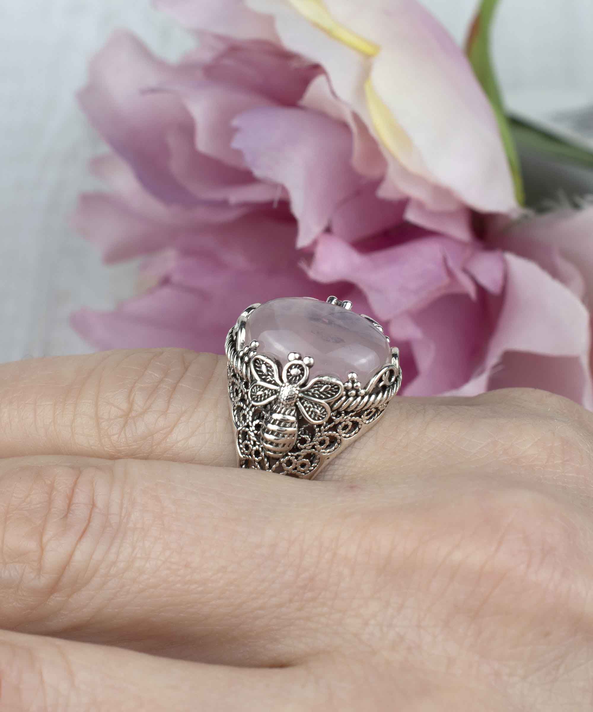 Elegant 925 Sterling Silver ring featuring a detailed filigree art bee design and a natural rose quartz gemstone.