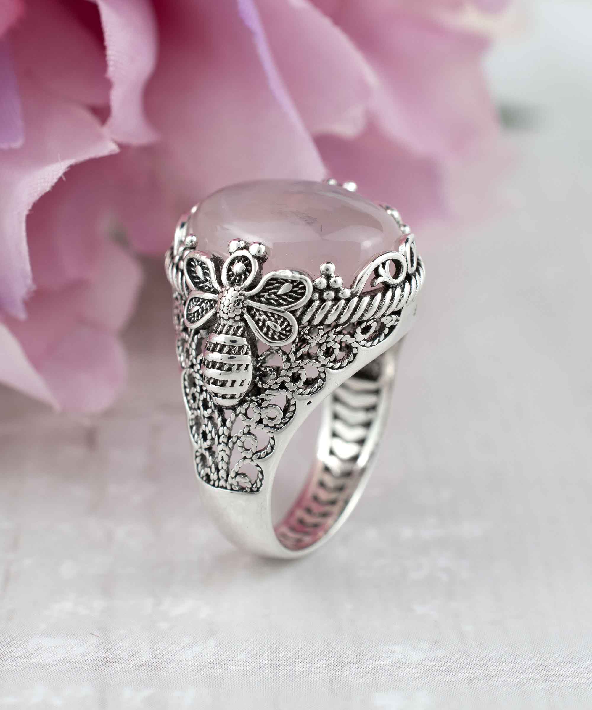 Elegant 925 Sterling Silver ring featuring a detailed filigree art bee design and a natural rose quartz gemstone.