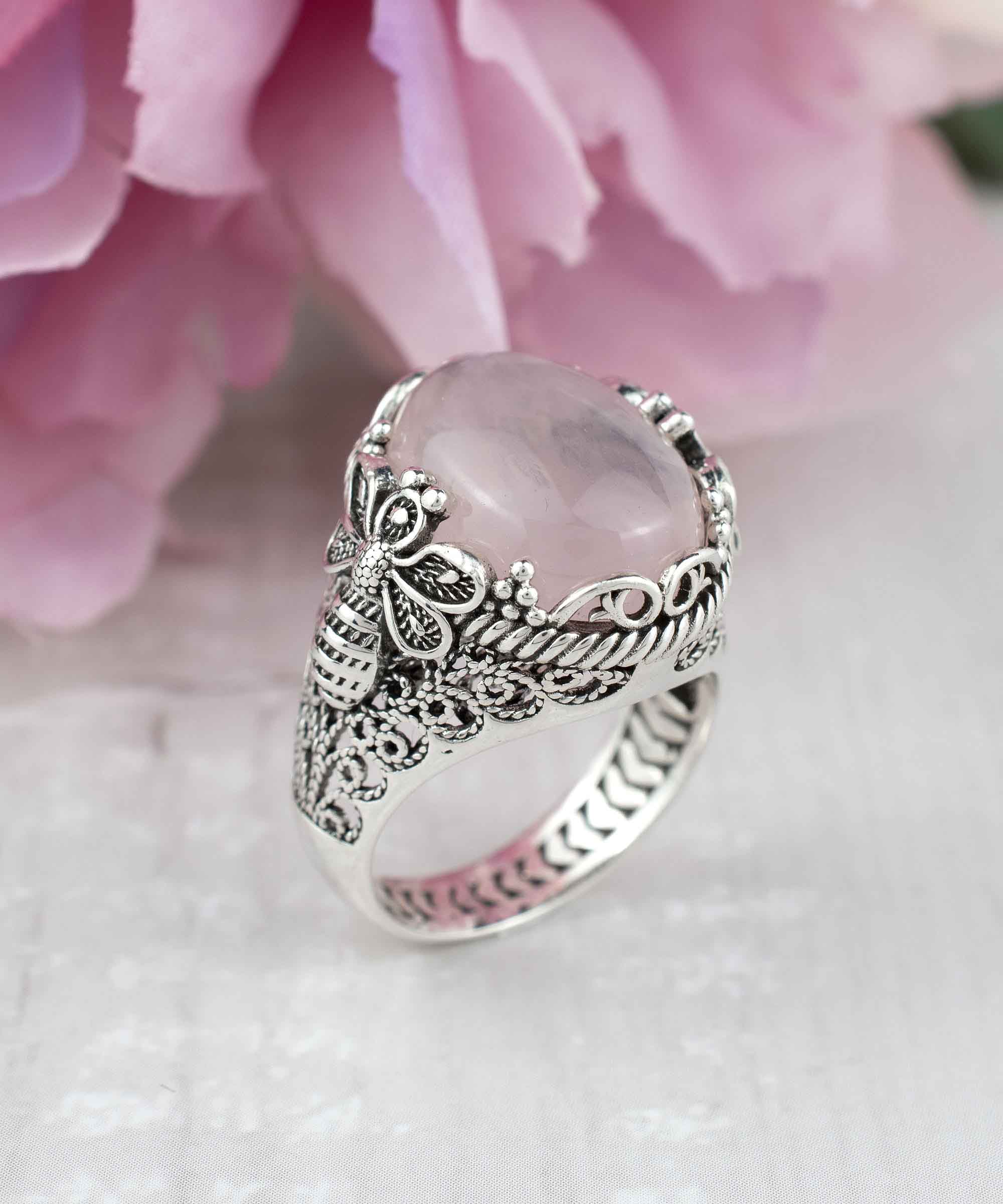 Elegant 925 Sterling Silver ring featuring a detailed filigree art bee design and a natural rose quartz gemstone.