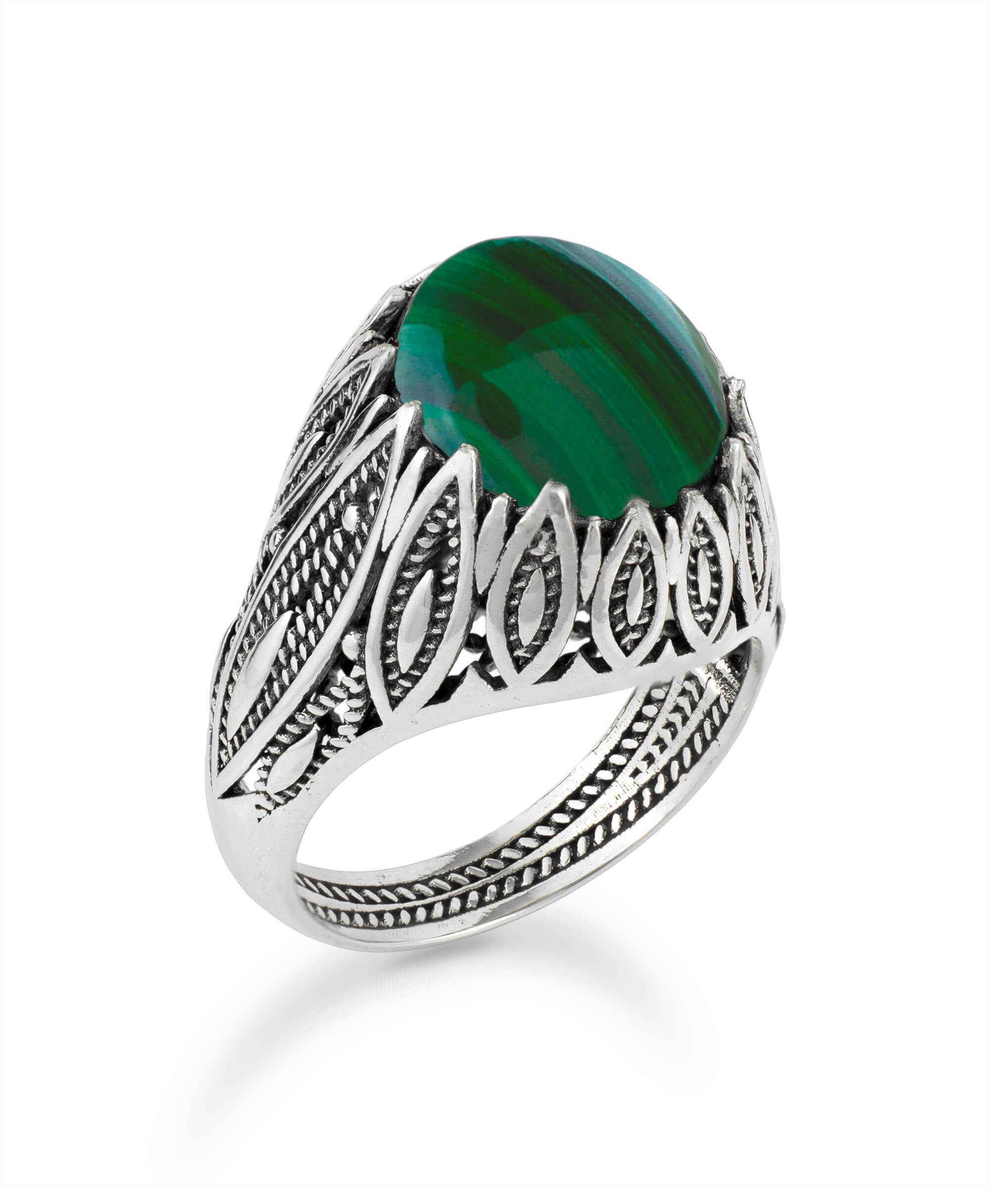 Elegant Filigree Art Malachite Gemstone Women Silver Statement Ring featuring intricate leaf designs and a vibrant green gemstone.