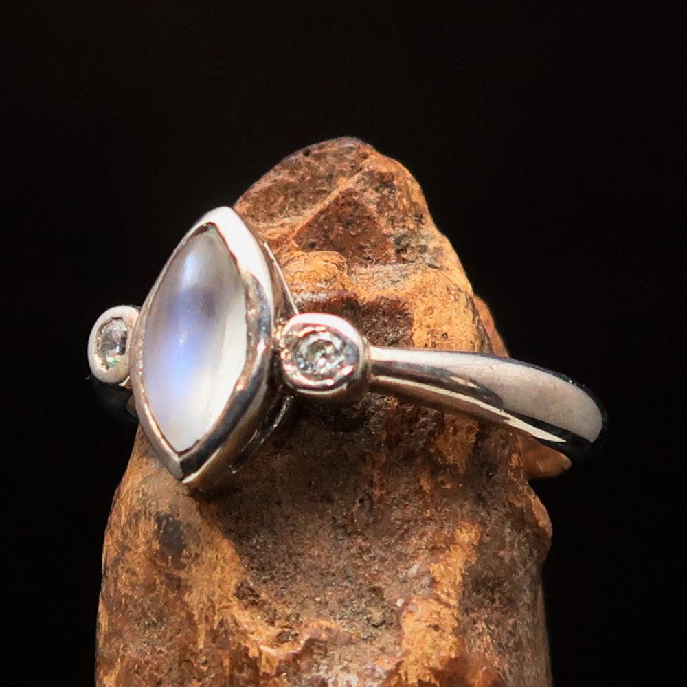 Gemstone Sterling Silver Solitaire Ring featuring a marquise shaped Ceylon Moonstone, polished finish, and hallmarked 925.