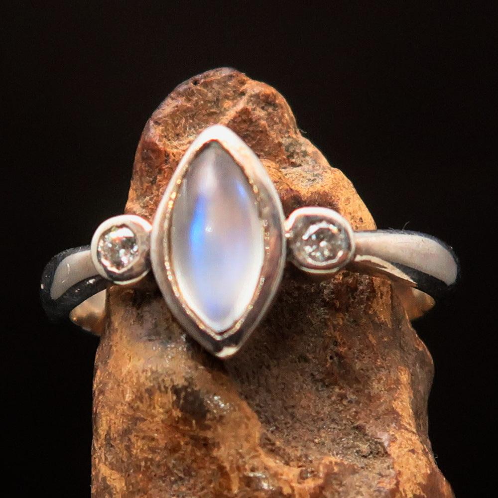 Gemstone Sterling Silver Solitaire Ring featuring a marquise shaped Ceylon Moonstone, polished finish, and hallmarked 925.