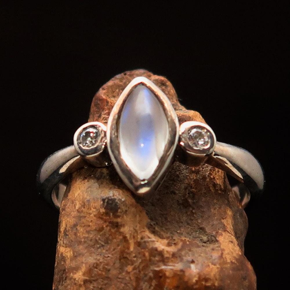 Gemstone Sterling Silver Solitaire Ring featuring a marquise shaped Ceylon Moonstone, polished finish, and hallmarked 925.