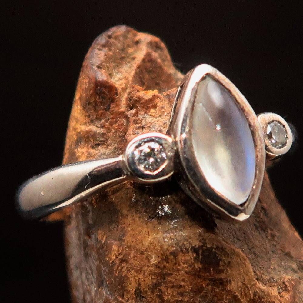 Gemstone Sterling Silver Solitaire Ring featuring a marquise shaped Ceylon Moonstone, polished finish, and hallmarked 925.