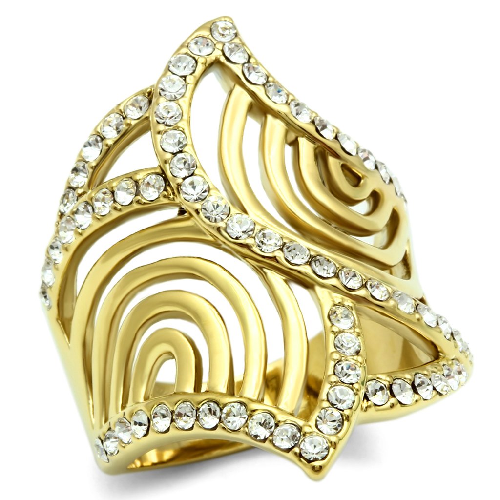 GL296 IP Gold Brass Ring featuring clear top-grade crystal, elegantly designed for any occasion.