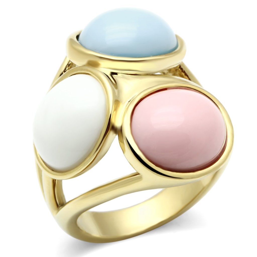 GL303 IP Gold Brass Ring featuring a vibrant multi-color synthetic stone, elegantly designed for any occasion.