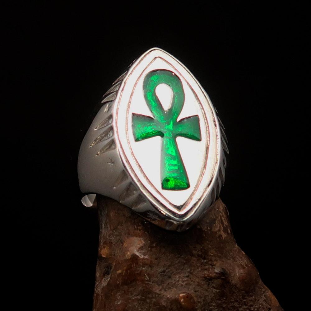 Green marquise shaped Egyptian Ankh Cross Men's Ring made of high polished sterling silver with enamel finish.