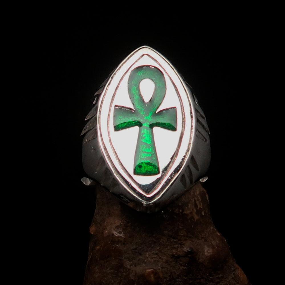 Green marquise shaped Egyptian Ankh Cross Men's Ring made of high polished sterling silver with enamel finish.