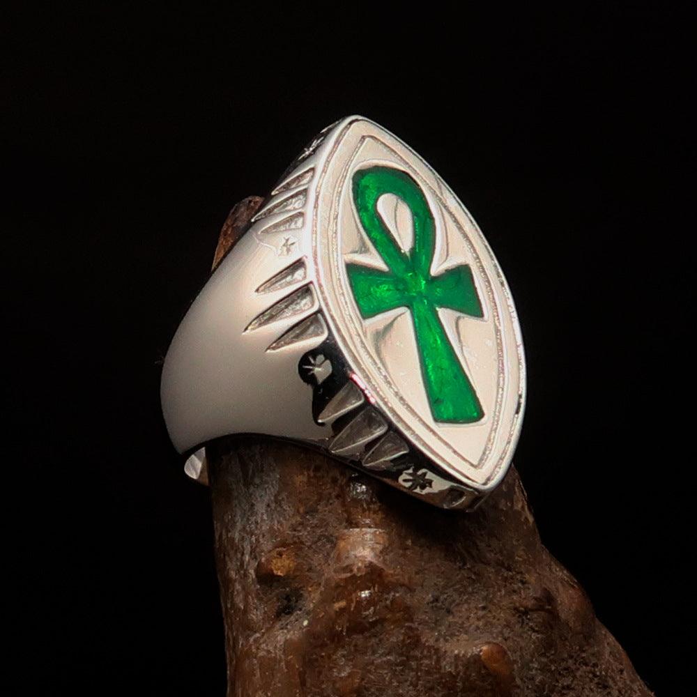 Green marquise shaped Egyptian Ankh Cross Men's Ring made of high polished sterling silver with enamel finish.