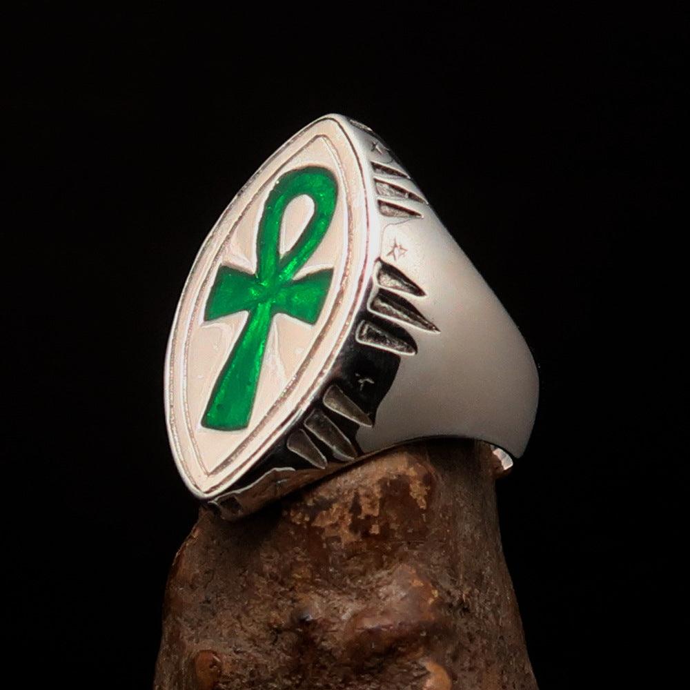 Green marquise shaped Egyptian Ankh Cross Men's Ring made of high polished sterling silver with enamel finish.