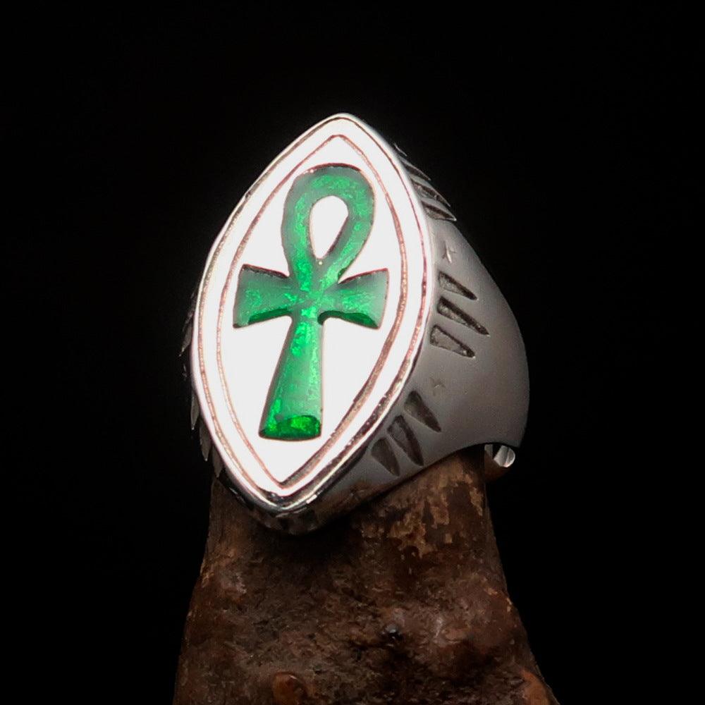 Green marquise shaped Egyptian Ankh Cross Men's Ring made of high polished sterling silver with enamel finish.