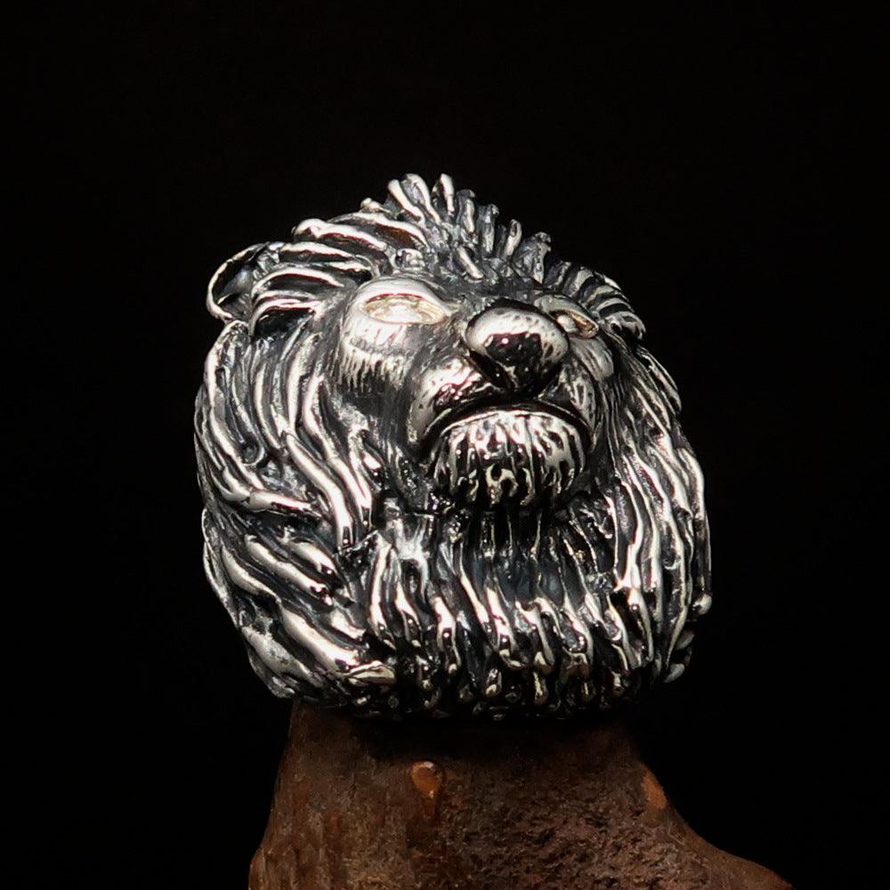 Huge crafted Men's Male Lion Ring made of antiqued sterling silver, showcasing intricate lion design and luxurious finish.