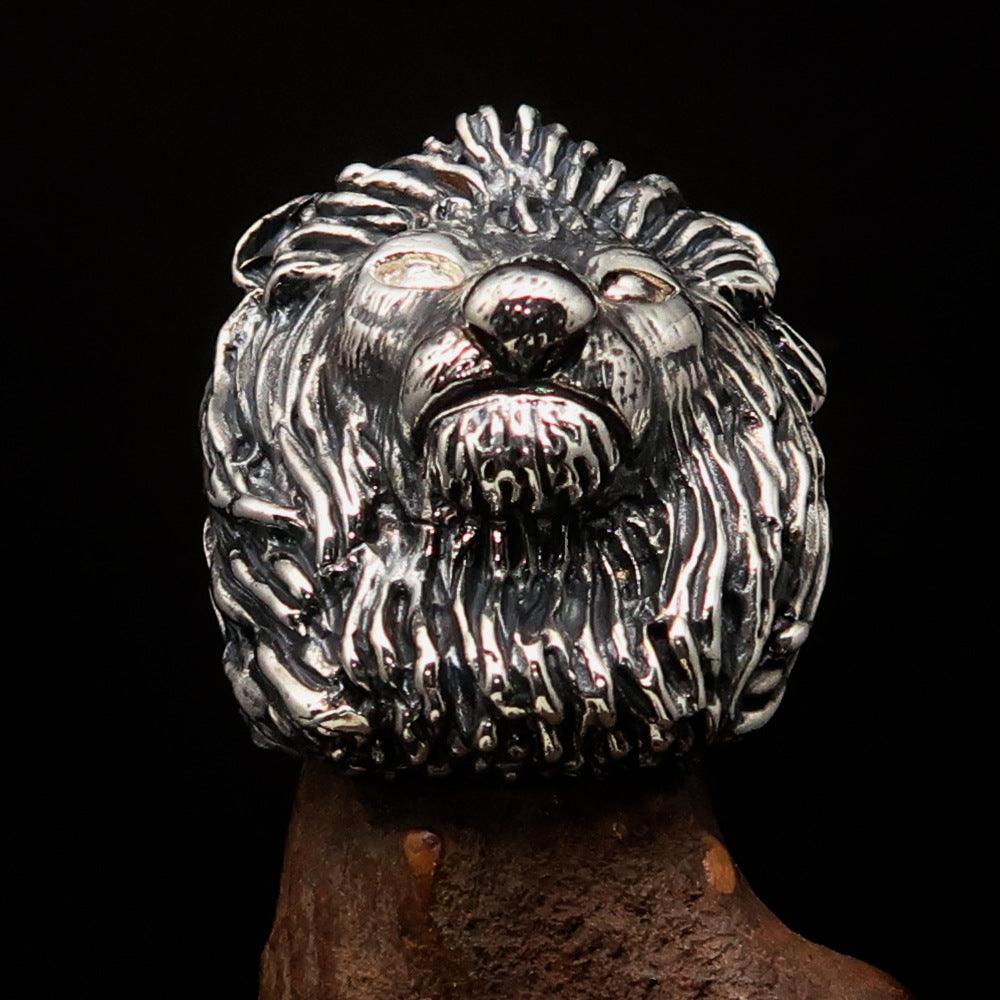 Huge crafted Men's Male Lion Ring made of antiqued sterling silver, showcasing intricate lion design and luxurious finish.