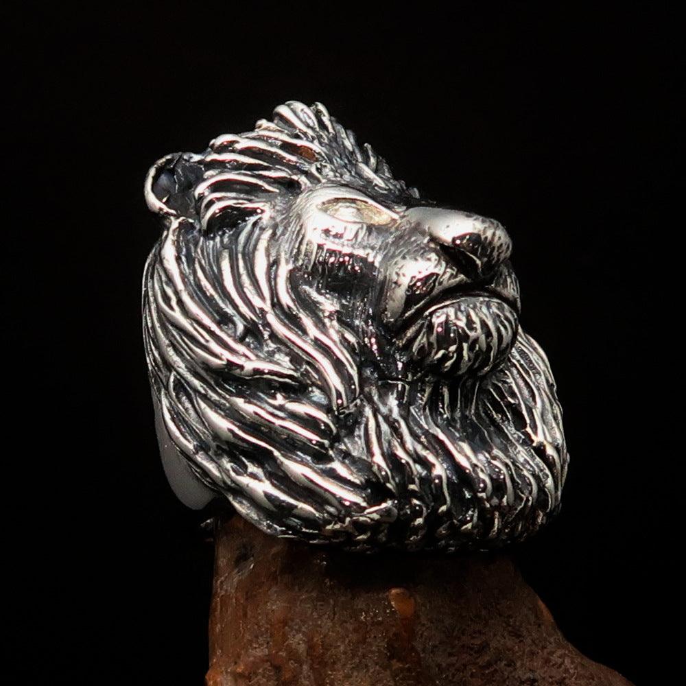 Huge crafted Men's Male Lion Ring made of antiqued sterling silver, showcasing intricate lion design and luxurious finish.