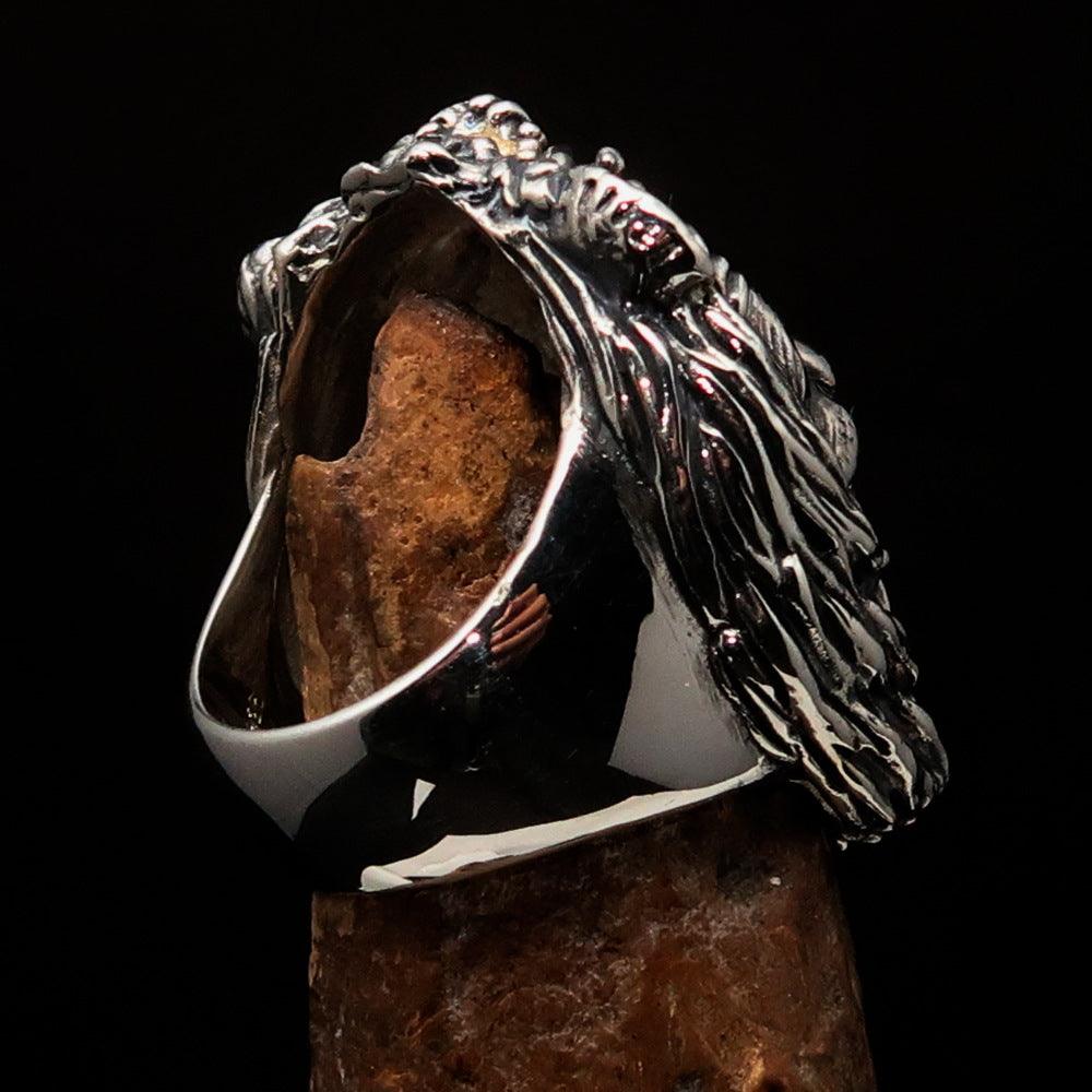 Huge crafted Men's Male Lion Ring made of antiqued sterling silver, showcasing intricate lion design and luxurious finish.