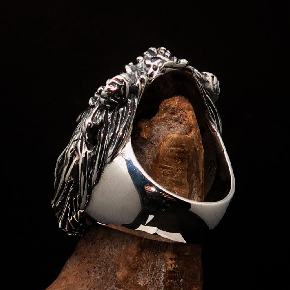 Huge crafted Men's Male Lion Ring made of antiqued sterling silver, showcasing intricate lion design and luxurious finish.