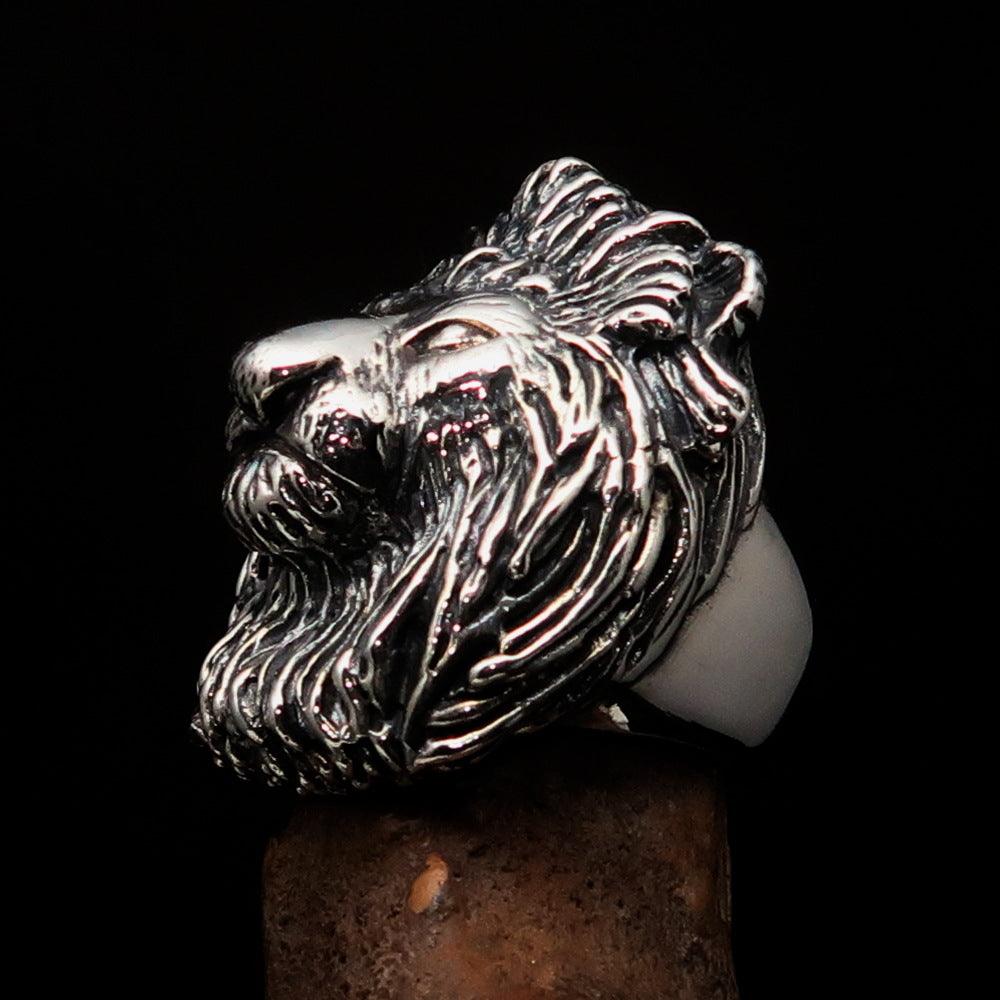 Huge crafted Men's Male Lion Ring made of antiqued sterling silver, showcasing intricate lion design and luxurious finish.