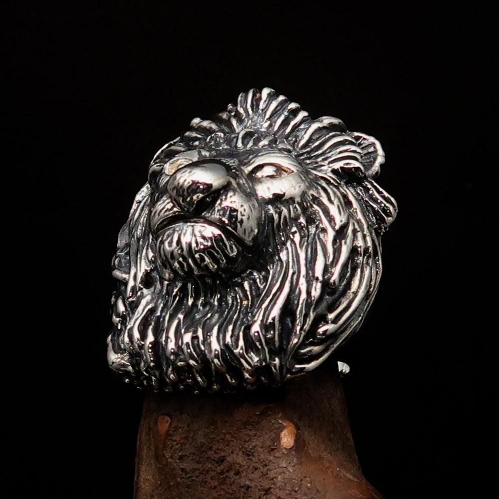 Huge crafted Men's Male Lion Ring made of antiqued sterling silver, showcasing intricate lion design and luxurious finish.